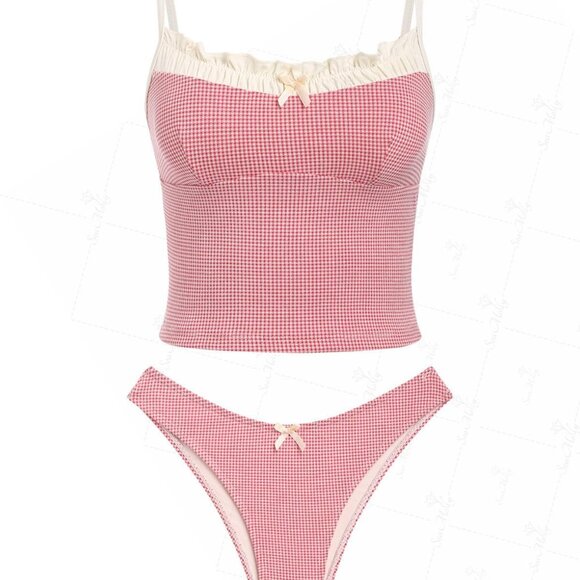 Seamolly Gingham Spliced Ruched Ruffles  Cheeky Tankini Swimwear Set, Red, M - Picture 1 of 6